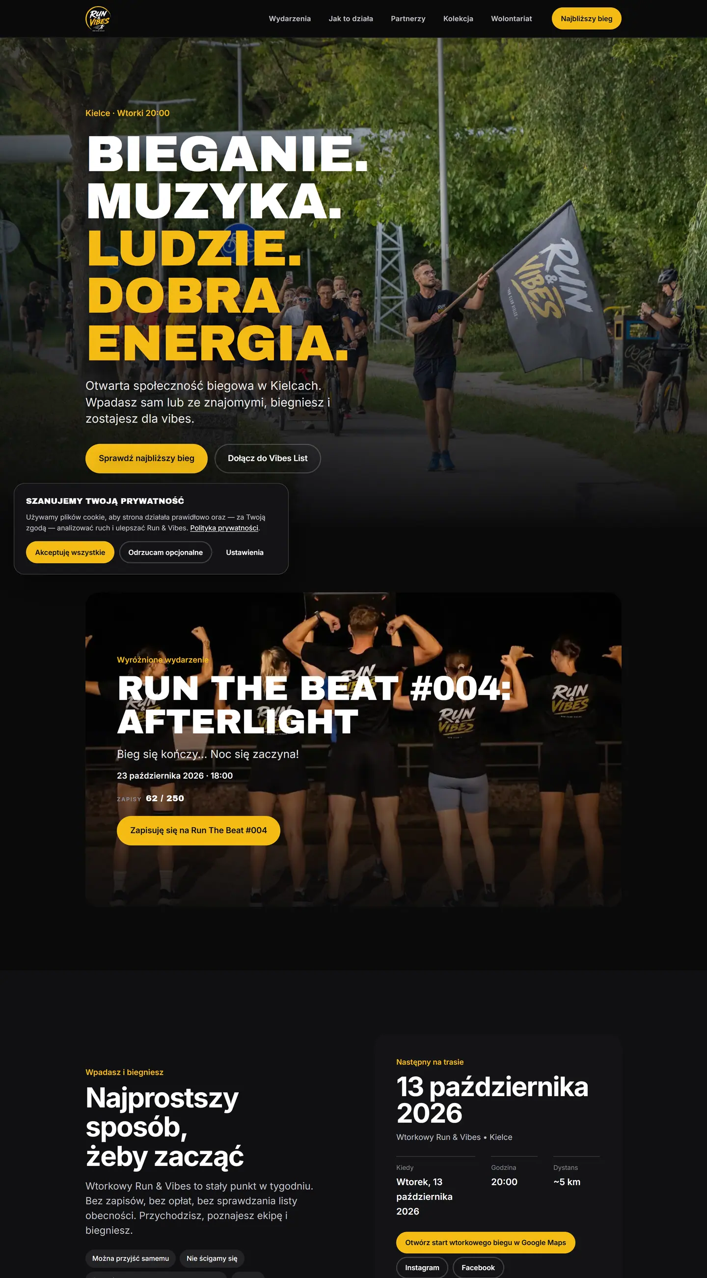 Strona Run & Vibes na komputerze — nagłówek „Bieganie. Muzyka. Ludzie. Dobra energia.”