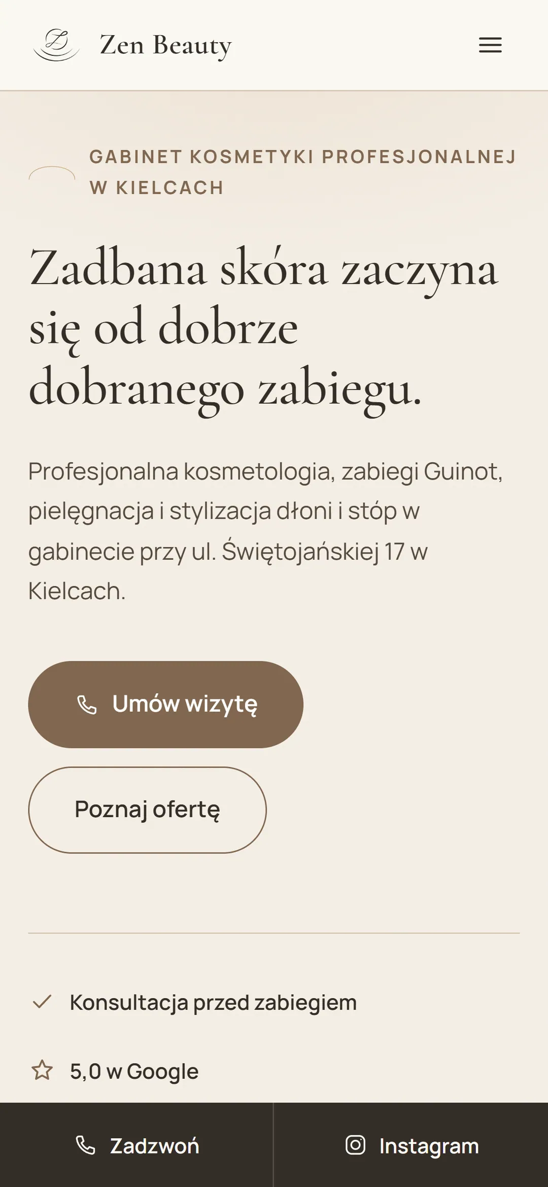 Strona Zen Beauty na telefonie z przyciskiem „Umów wizytę”