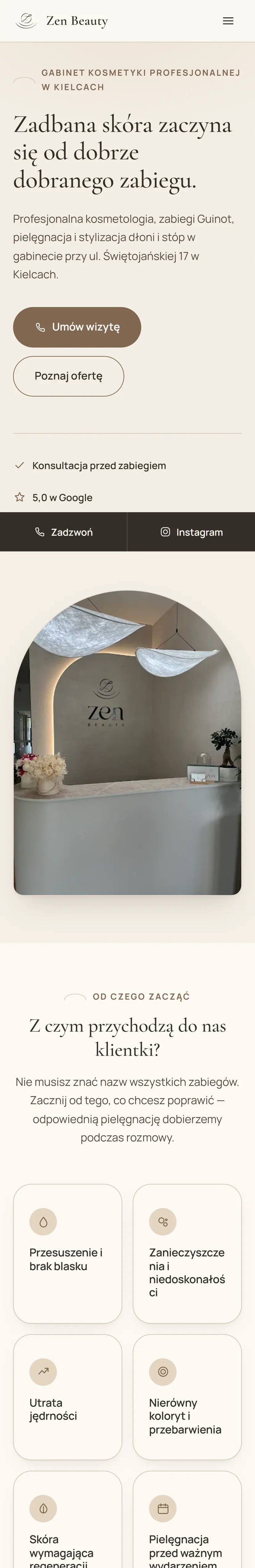 Strona Zen Beauty na telefonie z przyciskiem „Umów wizytę”